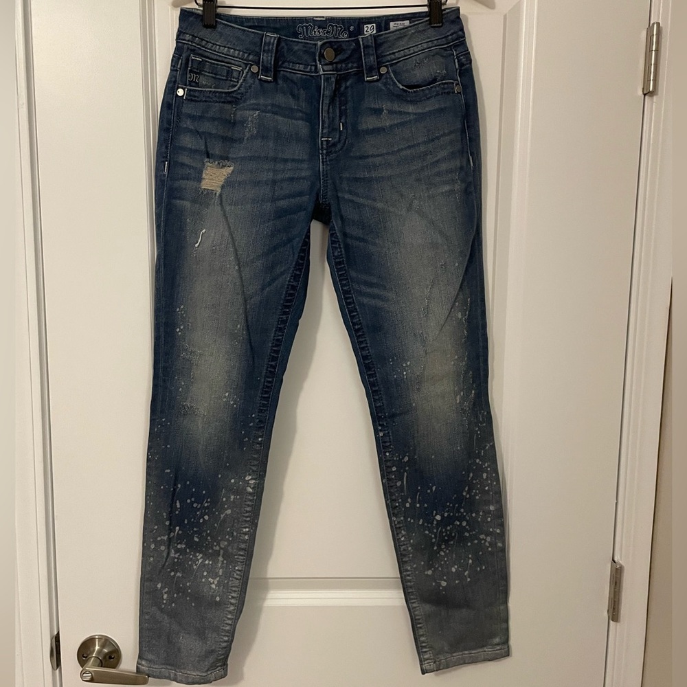 Miss Me Mid Rise Paint Splatter Distressed Women's Blue Jeans
